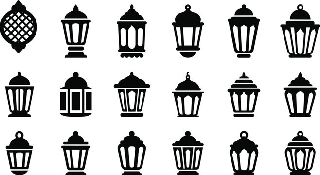 solid silhouette vector icons set of traditional lanterns, vintage lamp silhouettes, decorative street light designs, ornate black lantern illustration collection