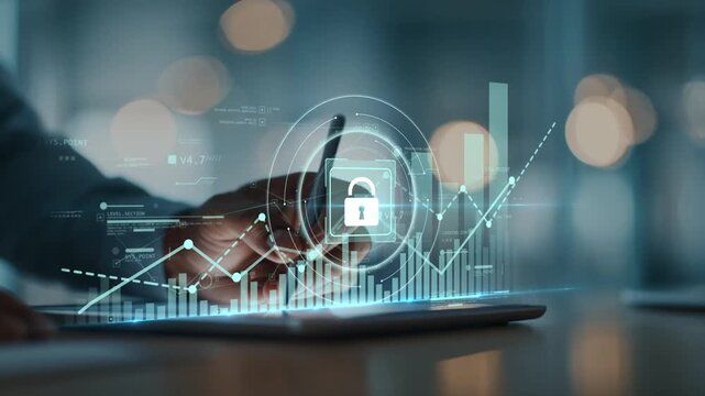 Black businessman using tablet in modern office with glowing lock icon and rising graph, representing cybersecurity, data protection, AI and secure business growth.