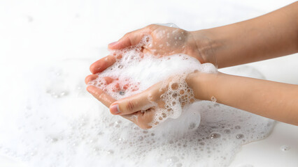 Fototapeta premium Childs hands covered in white soap foam for cleaning