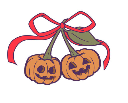 Halloween illustration orange cherry pumpkins  and red bows PNG transparent background. Suitable for gothic coquette aesthetic  spooky cute art, witchcraft themes, posters, stickers, seamless pattern 