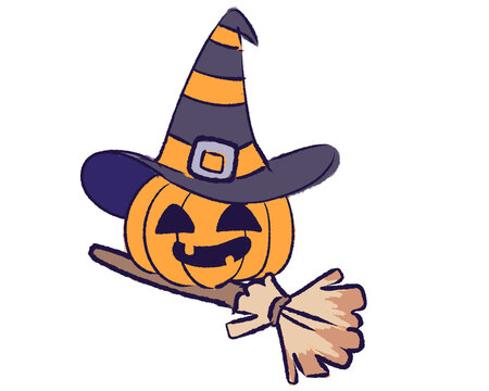 Cute Halloween pumpkin with witch hat and broom smiling PNG transparent background 