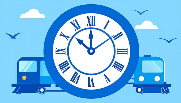 Conceptual illustration showcasing timeliness in train travel with clock backdrop