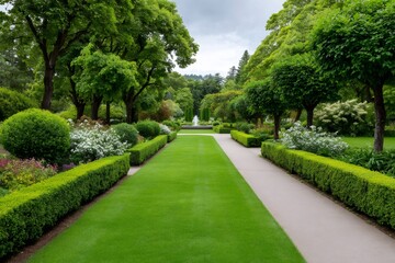 Naklejka premium Formal garden landscaping featuring green lawn and fountain