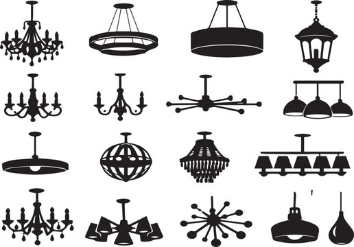 Collection of various chandeliers and hanging lamps on transparent background