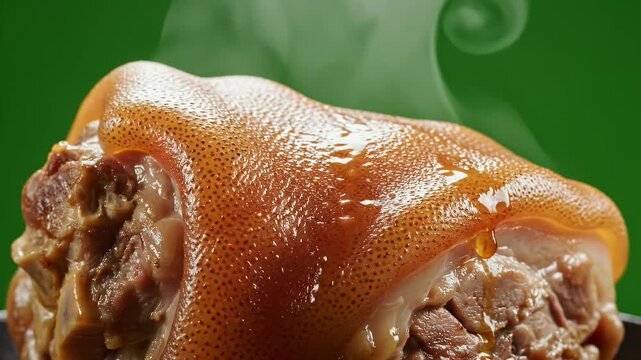 Close Up of Steaming German Eisbein Pork Shank Glazed and Ready to Serve Isolated on Green Background with Studio Lighting and Cinematic Food Commercial Quality