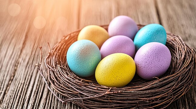 Colorful Easter eggs nestled in a rustic bird's nest on a wooden surface, celebrating spring traditions and holidays