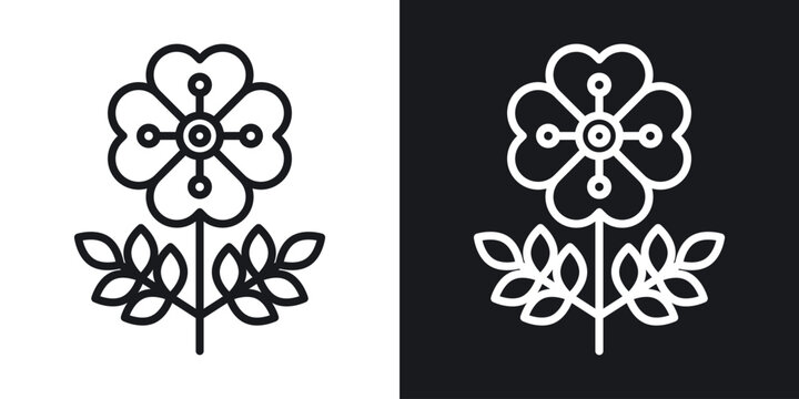 Wild rose icon set in black and white stroke lines