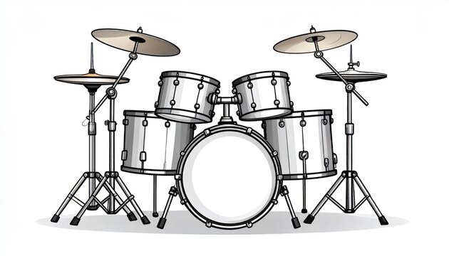 Detailed Illustration of a Complete Drum Kit with Cymbals and Stands.