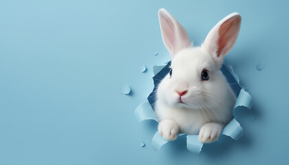 Obraz premium Bunny peeking out of a hole in blue wall, fluffy eared bunny easter bunny banner, Easter / Holiday Bunny Concept rabbit jump out torn hole, 