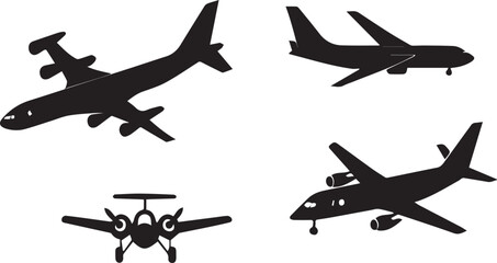 Black silhouette icon set of various airplane types on transparent background © raja