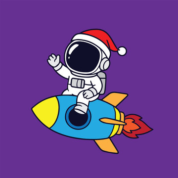 A cute vector illustration of an astronaut sitting on a flying rocket while wearing a Santa Claus hat, creating a playful, festive, and imaginative space themed design.