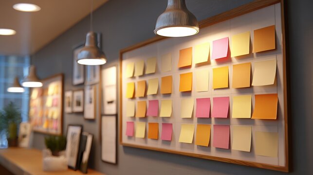 Colorful sticky note board under warm lighting, creative workspace organization, modern office interior, planning and brainstorming, productivity and teamwork, retail planning board