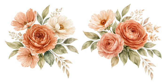 Watercolor terracotta floral collection illustration, elegant flower arrangements with warm earthy blooms isolated on white background.
