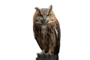Obraz premium Owl with large yellow eyes perched on a wooden post, bird of prey embodying wisdom and knowledge, transparent background