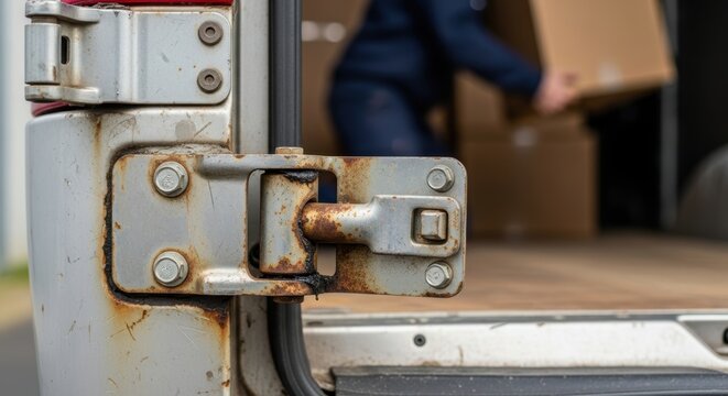 Rusty Metal Hinge On An Open Vehicle Door With A Person Carrying Boxes