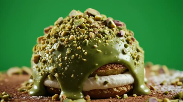Decadent Pistachio Tiramisu Dessert with Creamy Filling and Crushed Nuts Isolated on Green Studio Background Cinematic Macro Shot Food Photography