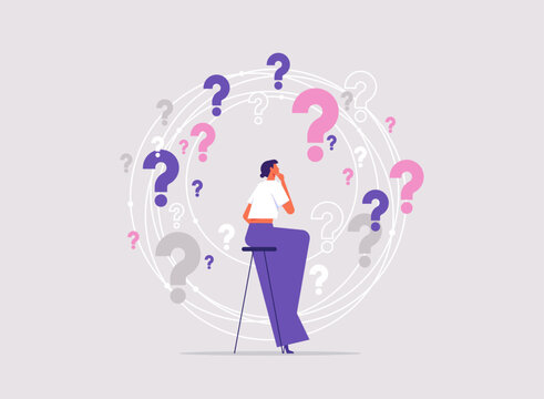 Choosing options or choices, answer for question or solution, problem solving, frustrated businessman thinking and make decision with many question marks around her
