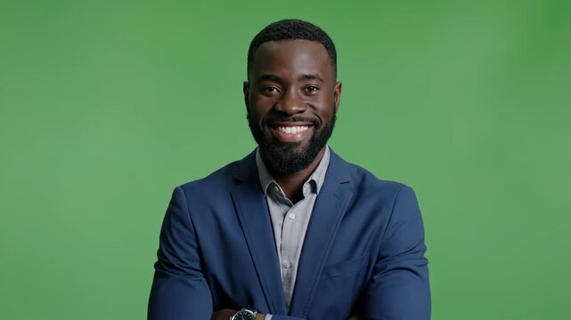 Professional smiling man in blue suit against green background