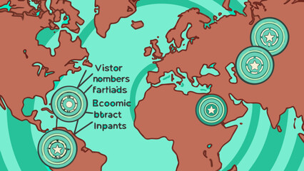 Fototapeta premium World map infographic showing global tourist visitor numbers and economic indicators in a flat colorful presentation design.