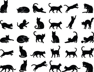 Obraz premium Cat Silhouette Collection: An artistic array of cat silhouettes, each capturing a unique pose from playful leaps to serene resting, against a monochromatic backdrop. 