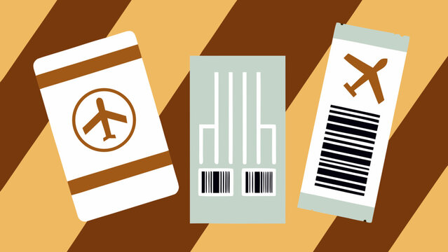 Three stylized airplane tickets with codes and an airplane icon represent air travel.