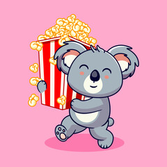 Naklejka premium Cute Cartoon Koala Carrying a Big Box of Popcorn Vector Illustration Kawaii Animal