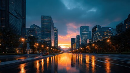 Fototapeta premium Cityscape skyscraper sunset dramatic reflection wet street urban modern architecture create vibrant city scene with tall buildings glowing lights and wet pavement reflecting colorful sky