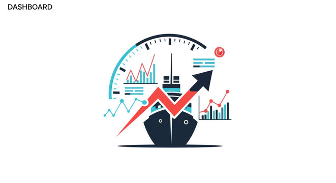 Business Growth Dashboard: Speedometer, Upward Arrow, Charts, Data Analysis