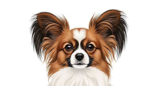 Close up portrait of a Papillon dog with characteristic butterfly ears and brown and white fur