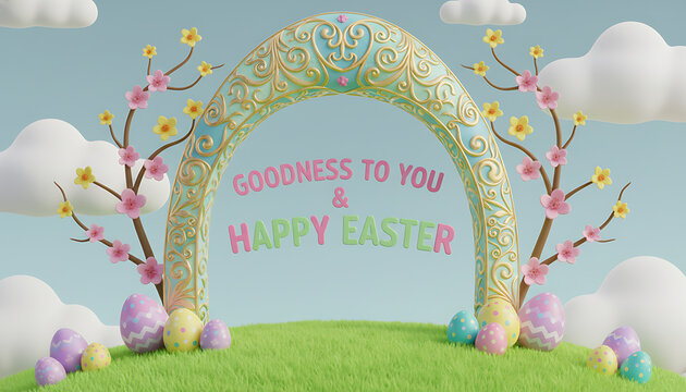 Happy Easter background with message, frame and easter eggs scene. Easter / Spring Holiday