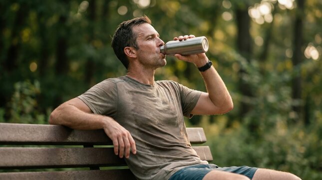 Fit adult male athlete drinking from a reusable water bottle while resting on a park bench. Fitness recovery, hydration and healthy lifestyle after outdoor exercise.