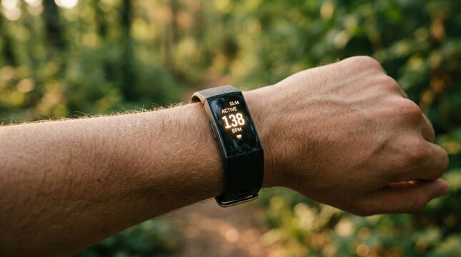 Fitness tracker on wrist showing high heart rate during outdoor exercise. Health monitoring, athletic performance and cardio workout concept.