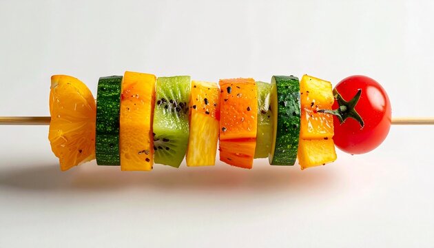 Healthy fruit and vegetable kabob featuring tomato, zucchini, mango, and kiwi. Fresh vegetarian snack on a wooden skewer.