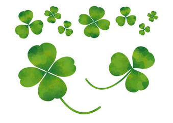 Obraz premium Green watercolor clover set, four leaf lucky shamrock illustration, natural botanical background elements