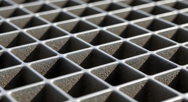 Perspective view of industrial metal grating with square mesh design