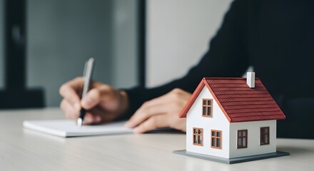 Fototapeta premium Real estate investment a miniature house and pen on a white surface