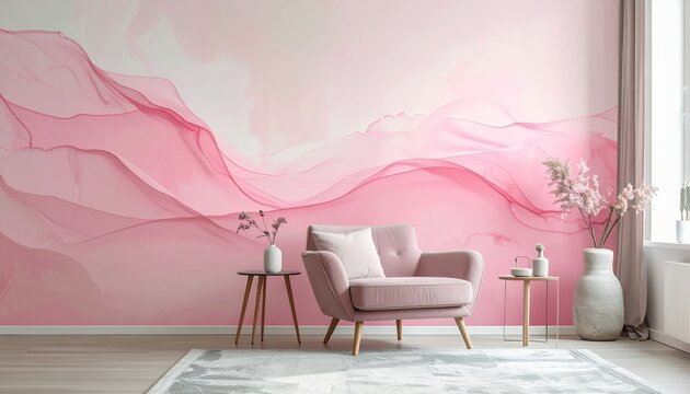 Elegant Living Room with Pink Abstract Wave Wall Mural and Modern Armchair.