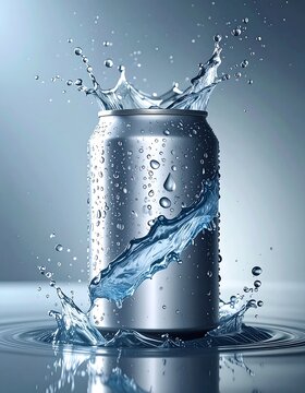 Refreshing Cold Soda Can Splashing Water.