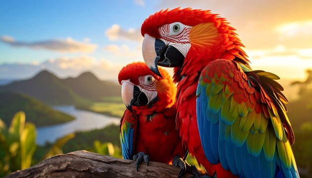 Two colorful macaws perched on branch.
