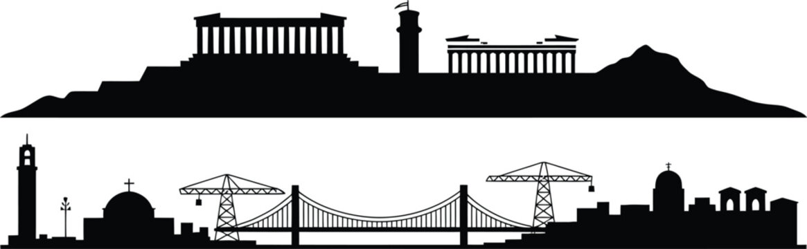 Athens greece skyline silhouette with parthenon acropolis mountain and industrial bridge icons