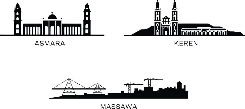 Collection of famous city landmarks silhouettes including Asmara Keren and Massawa port icons
