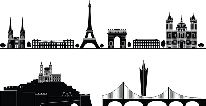 Famous world city skylines silhouette collection travel and tourism landmarks icons set for design purposes and global concepts