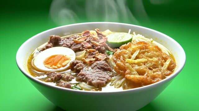 Delicious Soto Banjar Soup With Beef Egg And Lime Aromatic Broth Steaming Hot Served In White Bowl Against Vibrant Green Studio Background