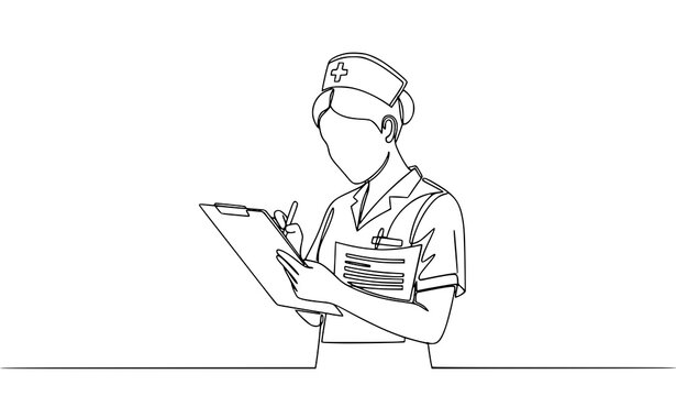 Minimal one line nurse writing medical report clipboard healthcare vector illustration isolated on white background