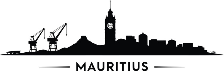 Fototapeta premium Mauritius skyline silhouette of port cranes clock tower mountain and buildings