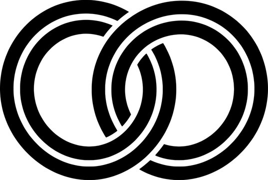 Black and white graphic of two interlocking rings with a striped pattern on a white background