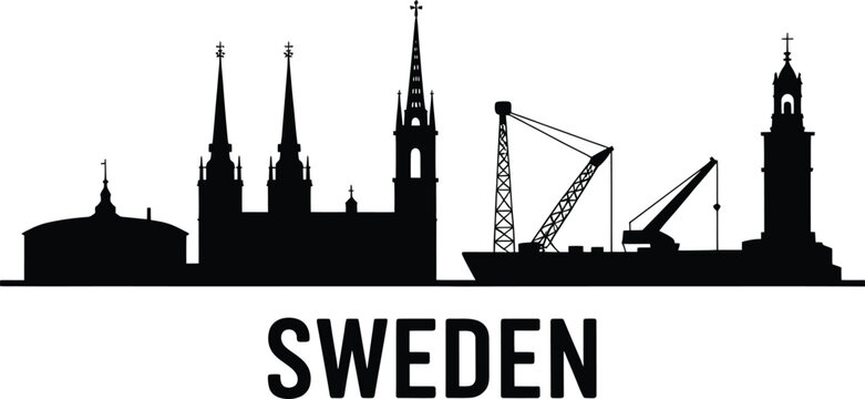 Sweden skyline silhouette churches lighthouse ship cranes industrial maritime city