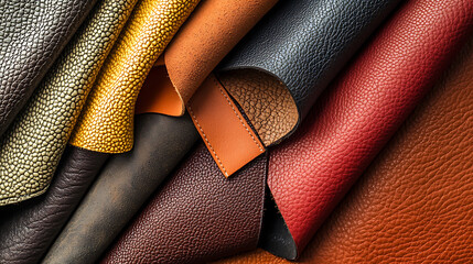 Fototapeta premium A CloseUp View of Various Textured Leather Swatches in Different Colors.