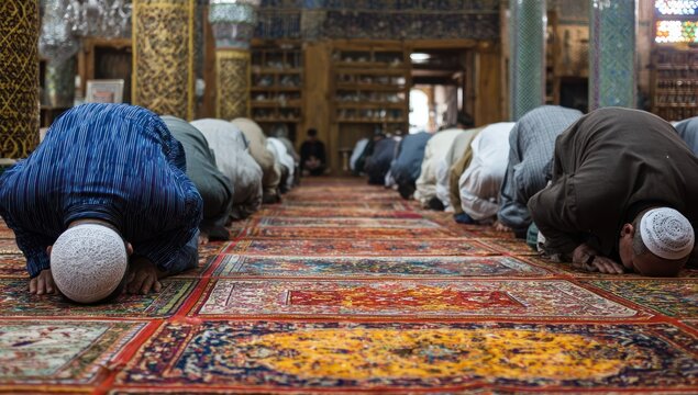 Men Praying in Mosque on Carpets.