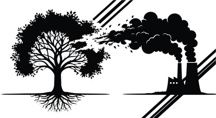 Fototapeta premium Tree silhouette stands beside an industrial factory emitting dark smoke clouds.
